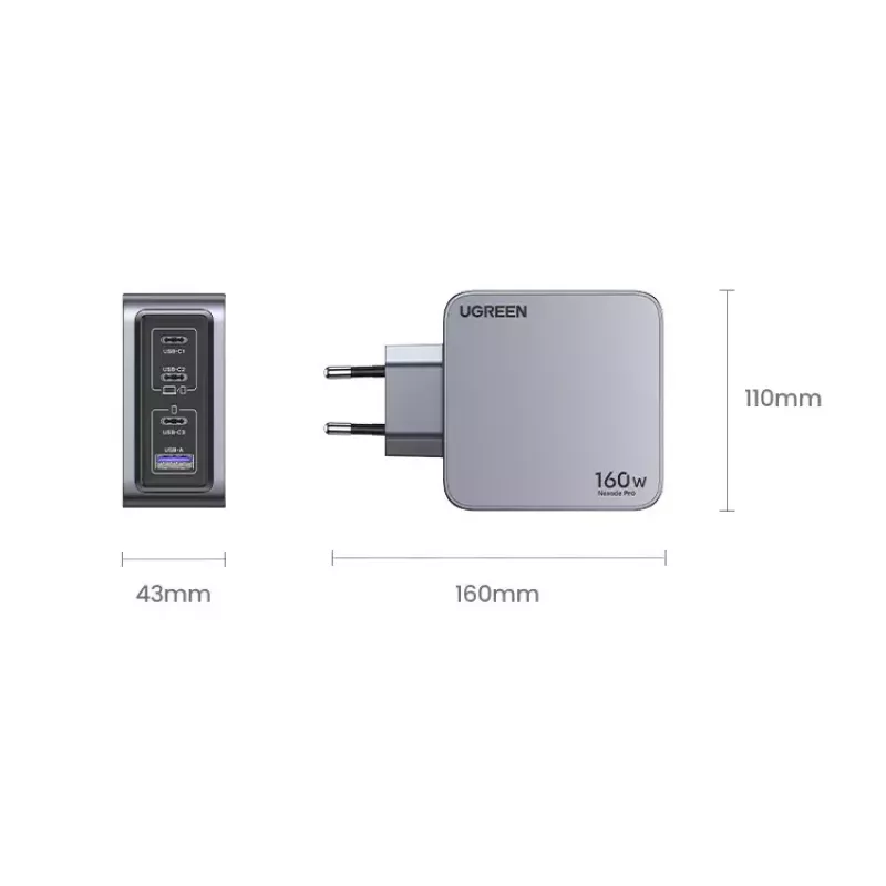 Ugreen Nexode Pro 160W GaN Charger with USB-C kabel Universal Czarny, szary AC Fast charging Indoor