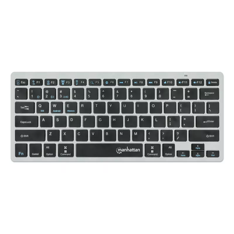 Manhattan Ultra cienki Dual-Mode Wireless klawiatura, układ niemiecki QWERTZ, Bluetooth (v3.0) i bezprzewodowa (2,4 GHz), 78 niskoprofilowych klawiszy nożycowych, automatyczne zarządzanie energią, zasięg 10 m, mikroodbiornik USB-A, bateria AAA (w zestawie), Windows i Mac, trzyletnia gwarancja