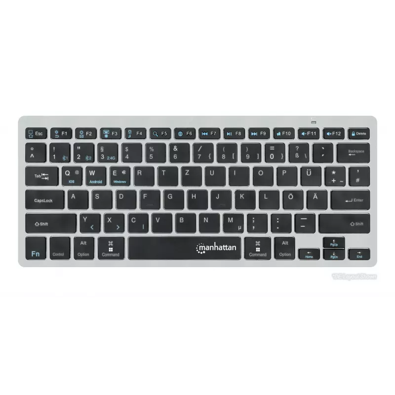 Manhattan Ultra cienki Dual-Mode Wireless klawiatura, układ niemiecki QWERTZ, Bluetooth (v3.0) i bezprzewodowa (2,4 GHz), 78 niskoprofilowych klawiszy nożycowych, automatyczne zarządzanie energią, zasięg 10 m, mikroodbiornik USB-A, bateria AAA (w zestawie), Windows i Mac, trzyletnia gwarancja