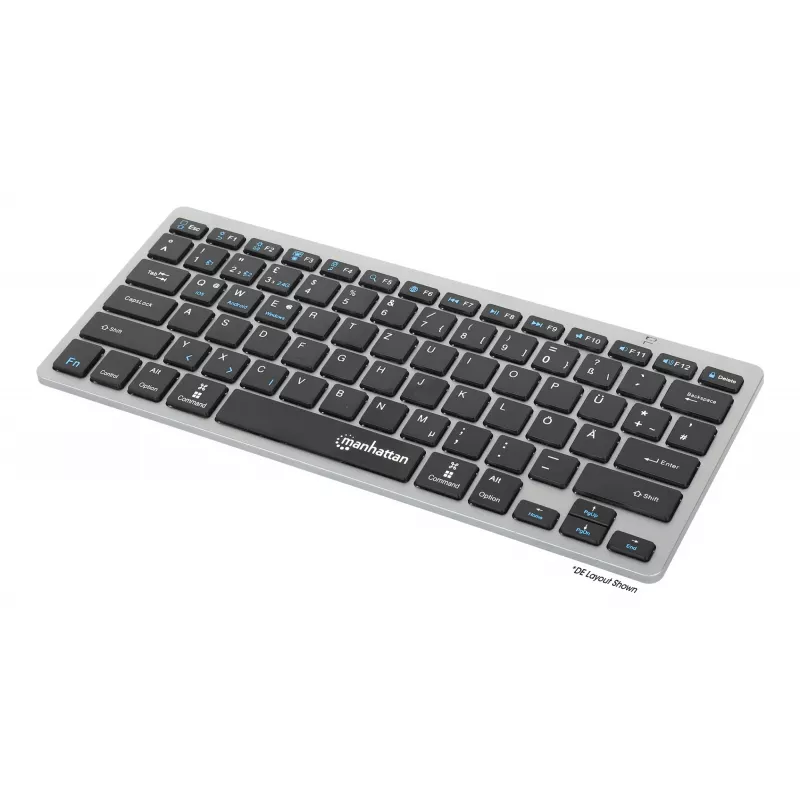Manhattan Ultra cienki Dual-Mode Wireless klawiatura, układ niemiecki QWERTZ, Bluetooth (v3.0) i bezprzewodowa (2,4 GHz), 78 niskoprofilowych klawiszy nożycowych, automatyczne zarządzanie energią, zasięg 10 m, mikroodbiornik USB-A, bateria AAA (w zestawie), Windows i Mac, trzyletnia gwarancja