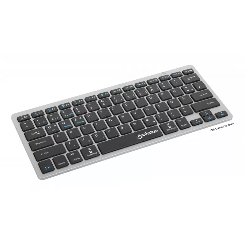 Manhattan Ultra cienki Dual-Mode Wireless klawiatura, układ niemiecki QWERTZ, Bluetooth (v3.0) i bezprzewodowa (2,4 GHz), 78 niskoprofilowych klawiszy nożycowych, automatyczne zarządzanie energią, zasięg 10 m, mikroodbiornik USB-A, bateria AAA (w zestawie), Windows i Mac, trzyletnia gwarancja