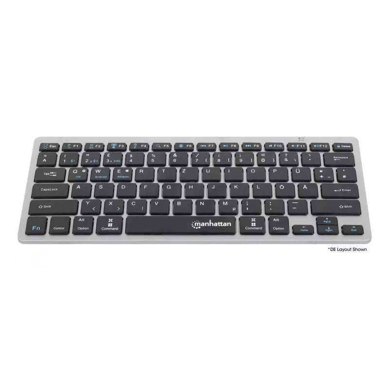 Manhattan Ultra cienki Dual-Mode Wireless klawiatura, układ niemiecki QWERTZ, Bluetooth (v3.0) i bezprzewodowa (2,4 GHz), 78 niskoprofilowych klawiszy nożycowych, automatyczne zarządzanie energią, zasięg 10 m, mikroodbiornik USB-A, bateria AAA (w zestawie), Windows i Mac, trzyletnia gwarancja