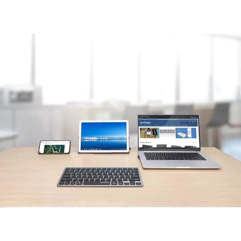 Manhattan Ultra cienki Dual-Mode Wireless klawiatura, układ niemiecki QWERTZ, Bluetooth (v3.0) i bezprzewodowa (2,4 GHz), 78 niskoprofilowych klawiszy nożycowych, automatyczne zarządzanie energią, zasięg 10 m, mikroodbiornik USB-A, bateria AAA (w zestawie), Windows i Mac, trzyletnia gwarancja