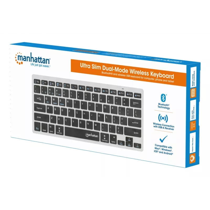 Manhattan Ultra cienki Dual-Mode Wireless klawiatura, układ niemiecki QWERTZ, Bluetooth (v3.0) i bezprzewodowa (2,4 GHz), 78 niskoprofilowych klawiszy nożycowych, automatyczne zarządzanie energią, zasięg 10 m, mikroodbiornik USB-A, bateria AAA (w zestawie), Windows i Mac, trzyletnia gwarancja