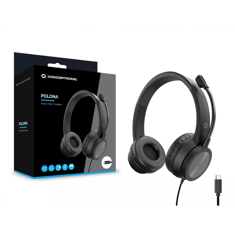Zestaw słuchawkowy CONCEPTRONIC POLONA05BC — Stereofoniczny USB-C, mikrofon z redukcją szumów, wokółuszny, kabel 2 m, 20–22000 Hz, czarny