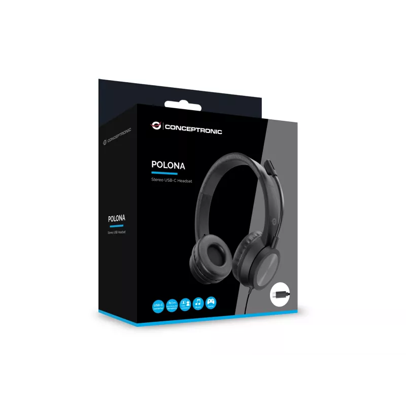 Zestaw słuchawkowy CONCEPTRONIC POLONA05BC — Stereofoniczny USB-C, mikrofon z redukcją szumów, wokółuszny, kabel 2 m, 20–22000 Hz, czarny