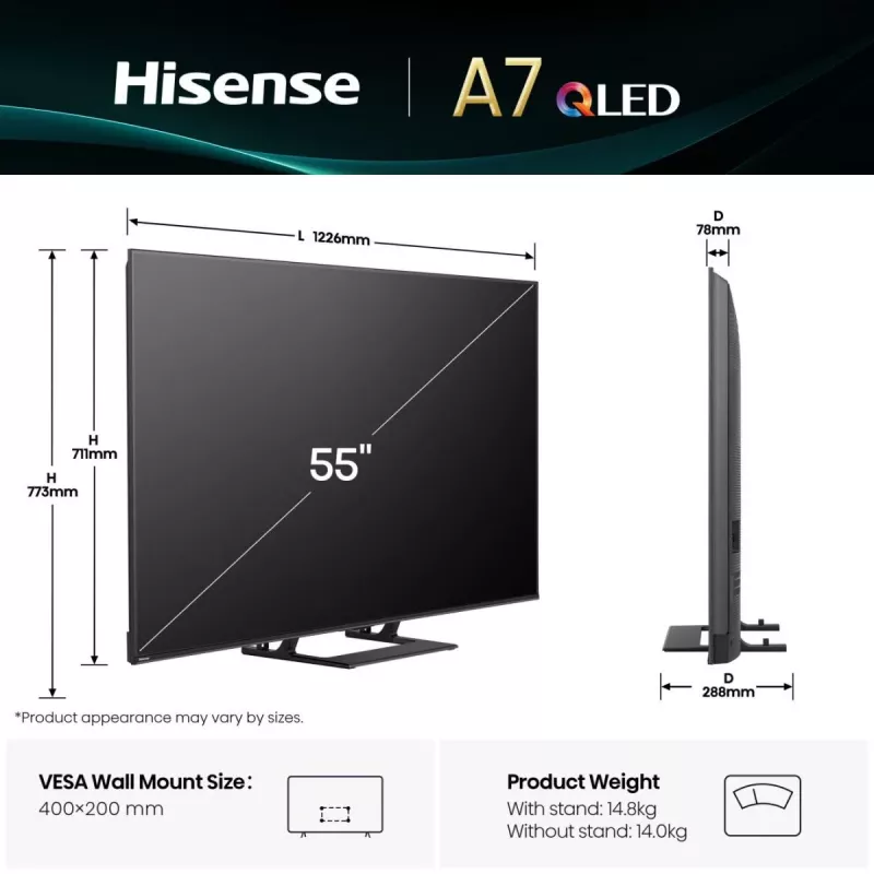 Hisense A7Q 55A7Q 139,7 cm (55 cali) 4K Ultra HD Smart TV Wi-Fi Czarny