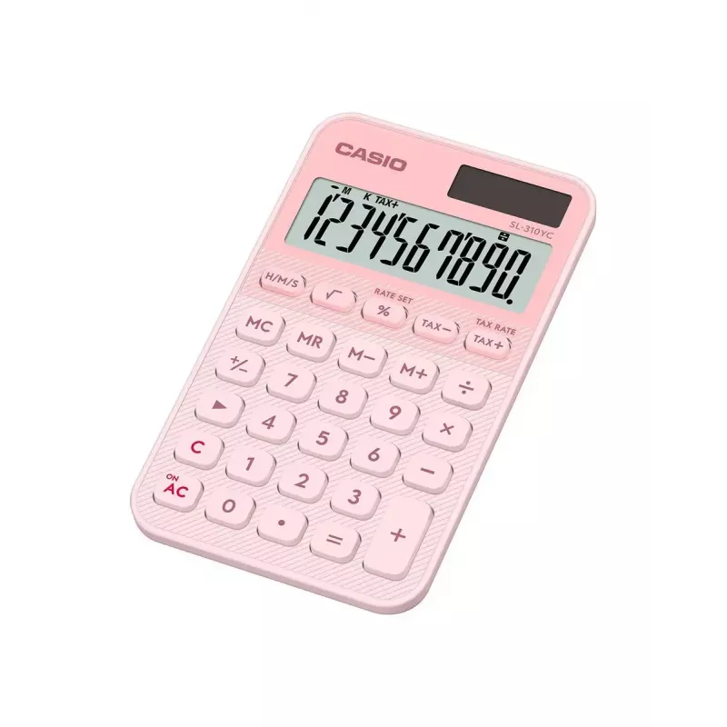 Kompaktowy kalkulator kieszonkowy CASIO SL-310YC — 10 cyfr, bateria/solarny, funkcje podatkowe i zysku, jasnoróżowy