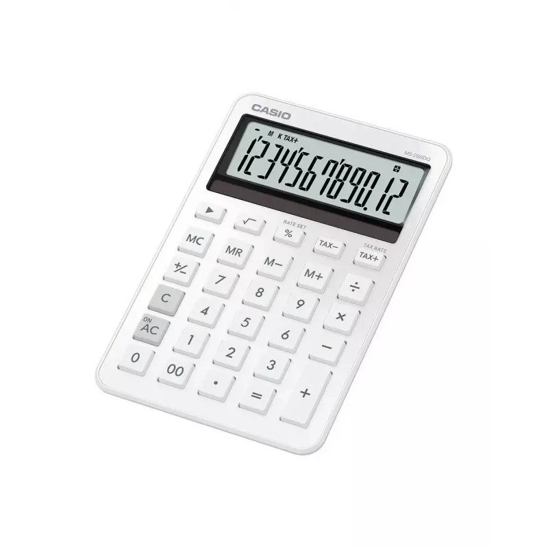 Podstawowy kalkulator biurkowy CASIO MS-200DQ 12-cyfrowy, bateria/solarny, funkcje podatku i zysku, biały