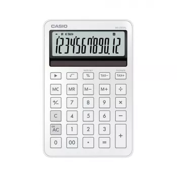 Podstawowy kalkulator biurkowy CASIO MS-200DQ 12-cyfrowy, bateria/solarny, funkcje podatku i zysku, biały