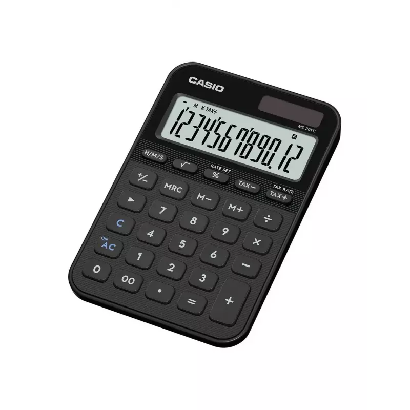 Kalkulator biurkowy CASIO MS-20YC — Model podstawowy, zasilanie bateryjne/solarne, obliczenia podatku i zysku, czarny