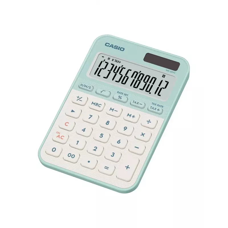 Kalkulator biurkowy CASIO MS-20YC — Podstawowy 12-cyfrowy, bateryjny/słoneczny, funkcje podatku i zysku, jasnozielony
