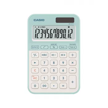 Kalkulator biurkowy CASIO MS-20YC — Podstawowy 12-cyfrowy, bateryjny/słoneczny, funkcje podatku i zysku, jasnozielony