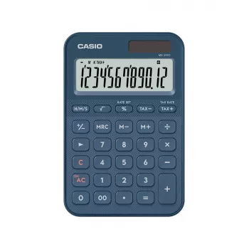 Podstawowy kalkulator biurkowy CASIO MS-20YC — 12-cyfrowy, funkcje podatkowe i zysku, bateria/energia słoneczna, granatowy