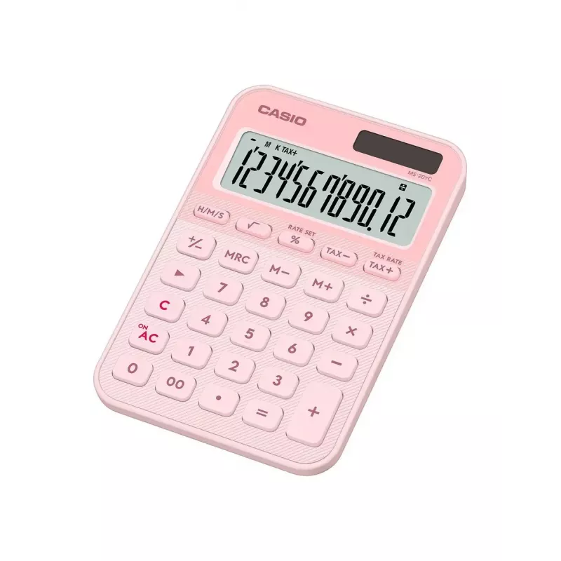 Podstawowy kalkulator biurkowy CASIO MS-20YC — 12-cyfrowy, funkcje podatku i zysku, zasilanie bateryjne/słoneczne, jasnoróżowy