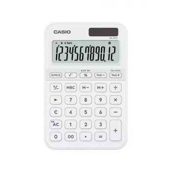 Podstawowy kalkulator biurkowy CASIO MS-20YC — 12-cyfrowy, bateria/energia słoneczna, funkcje podatku i zysku, biały
