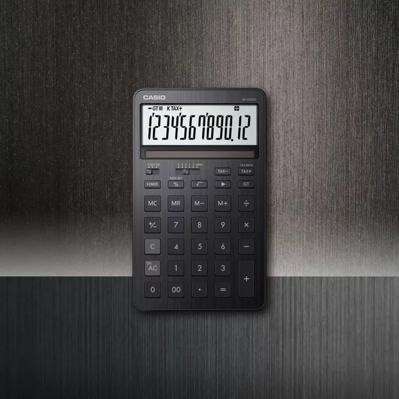 Kalkulator biurkowy CASIO JW-200DQ – Podstawowy, 12-cyfrowy, funkcje podatkowe i zysku, bateria/słoneczny, czarny