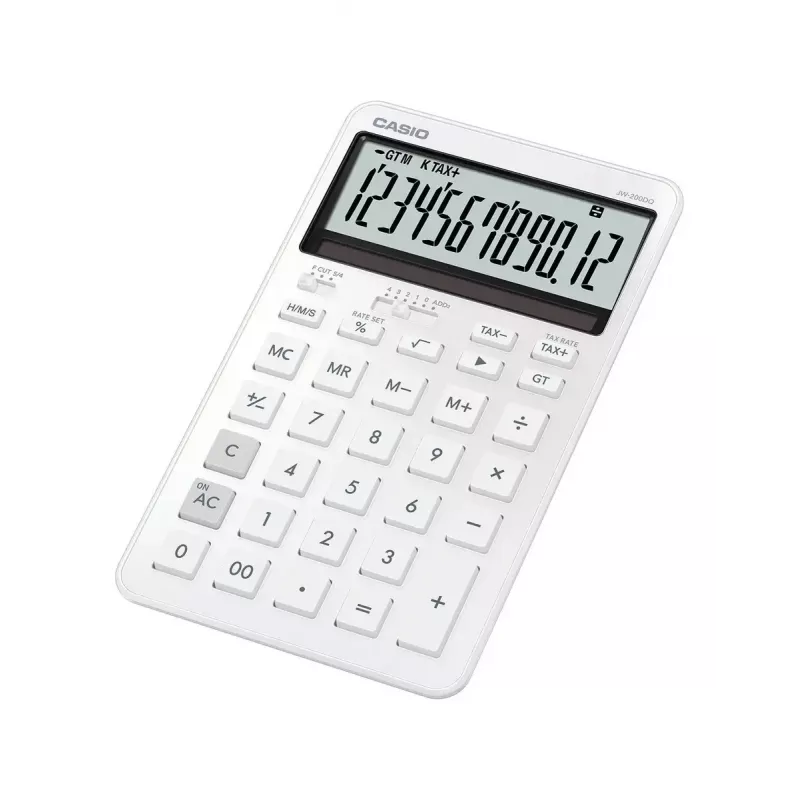 Kalkulator biurkowy CASIO JW-200DQ 12-cyfrowy podstawowy, bateria/solarny, funkcje podatku i zysku, biały