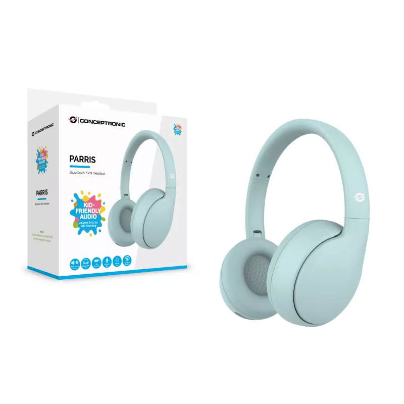 Zestaw słuchawkowy CONCEPTRONIC PARRIS04B — Bluetooth i przewodowe słuchawki dziecięce, wokółuszne, 20–20 000 Hz, 170 g, jasnoniebieskie