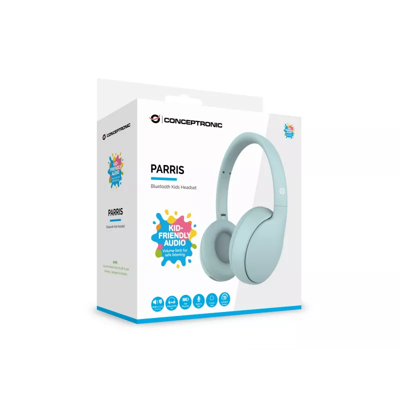 Zestaw słuchawkowy CONCEPTRONIC PARRIS04B — Bluetooth i przewodowe słuchawki dziecięce, wokółuszne, 20–20 000 Hz, 170 g, jasnoniebieskie