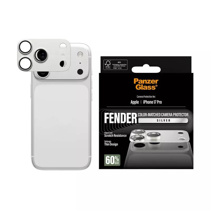 Ochraniacz aparatu PanzerGlass Fender dla iPhone 17 Pro — srebrny, silikonowy, odporny na zarysowania i wstrząsy