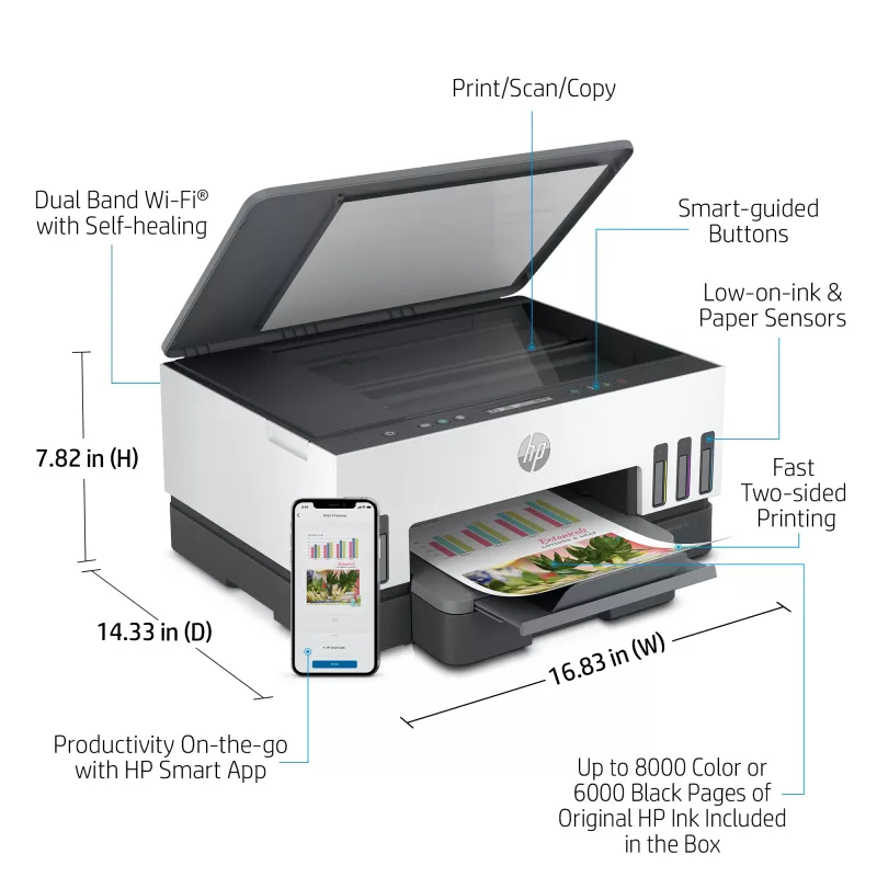 Drukarka HP Smart Tank, atramentowa termiczna, druk kolorowy, 4800 x 1200 DPI, A4, druk bezpośredni, szary