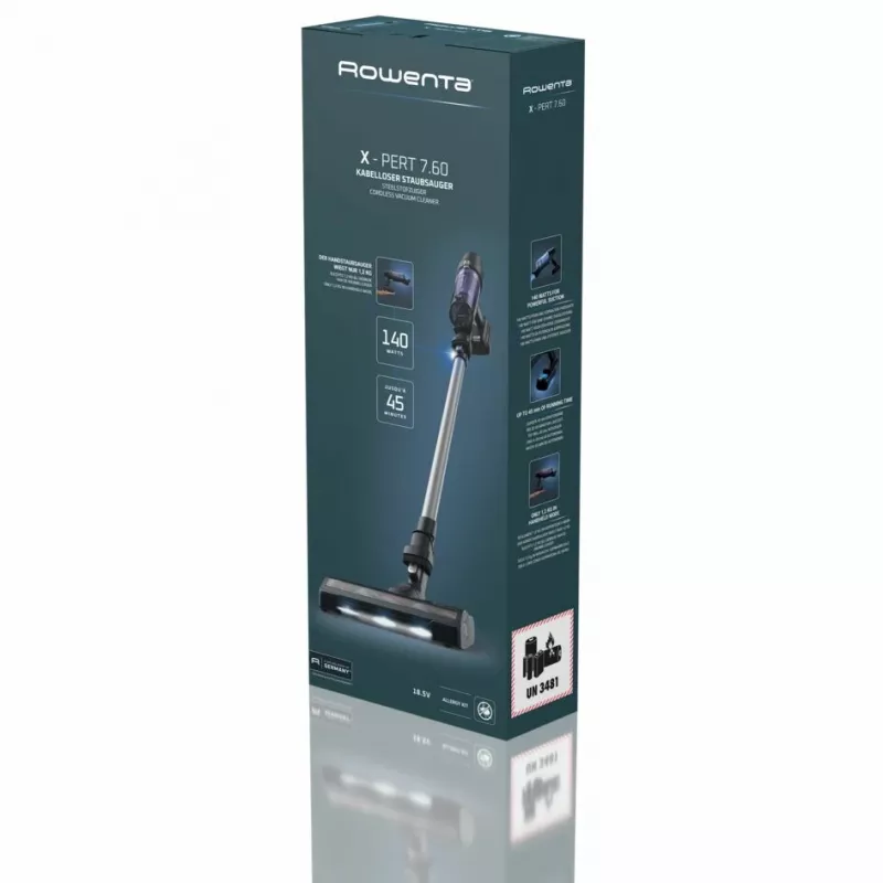 Odkurzacz pionowy 2 w 1 Rowenta RH6A35 — bezprzewodowy litowo-jonowy, 140 W, bezworkowy cyklonowy, fioletowo-srebrny, szczotka LED