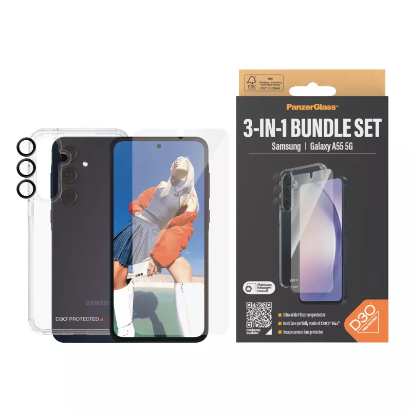 Zestaw folii ochronnych PanzerGlass 3-w-1 do Samsung Galaxy A55 5G — Ultra-Wide Fit, EasyAligner, szkło hartowane/PET