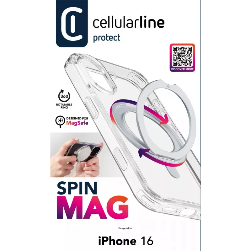 Cellularline Spin Mag - etui iPhone 16 z obrotowym uchwytem pierścieniowym, kompatybilne z ekosystemem Magsafe