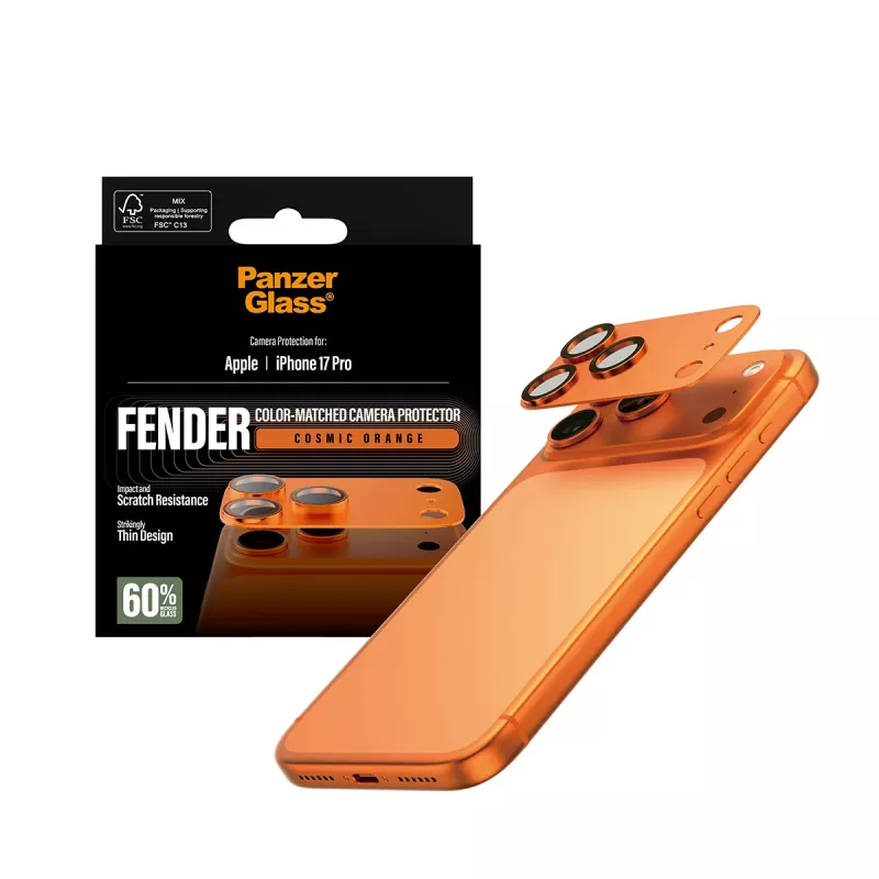 Osłona aparatu PanzerGlass Fender do iPhone 17 Pro — silikonowa, Kosmiczna Pomarańcza, odporna na zarysowania i wstrząsy
