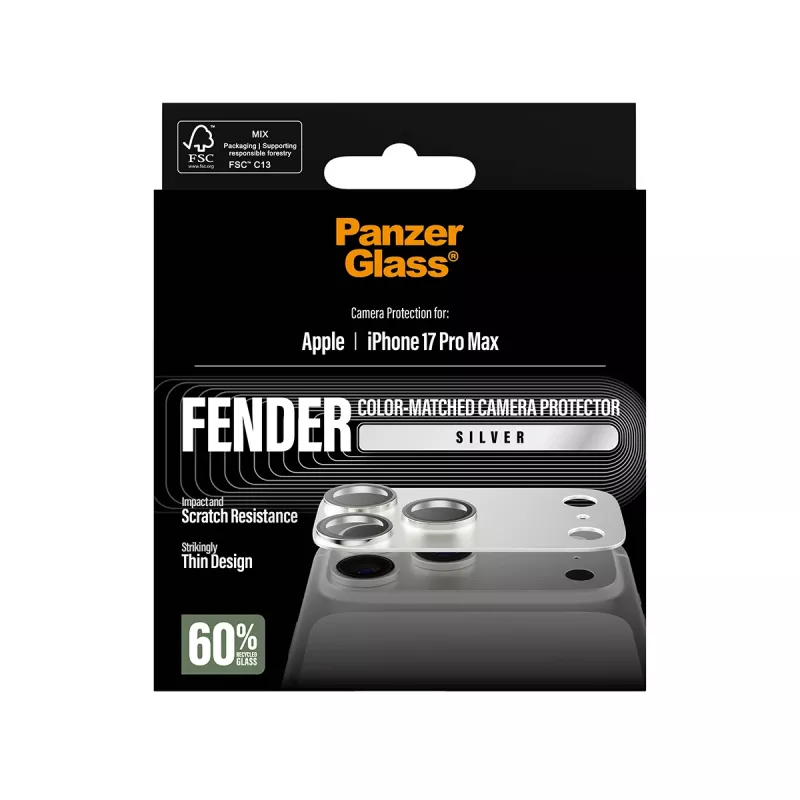 PanzerGlass Fender Camera Protector do iPhone 17 Pro Max — Silikon, Srebrny, Odporny na Zarysowania i Wstrząsy