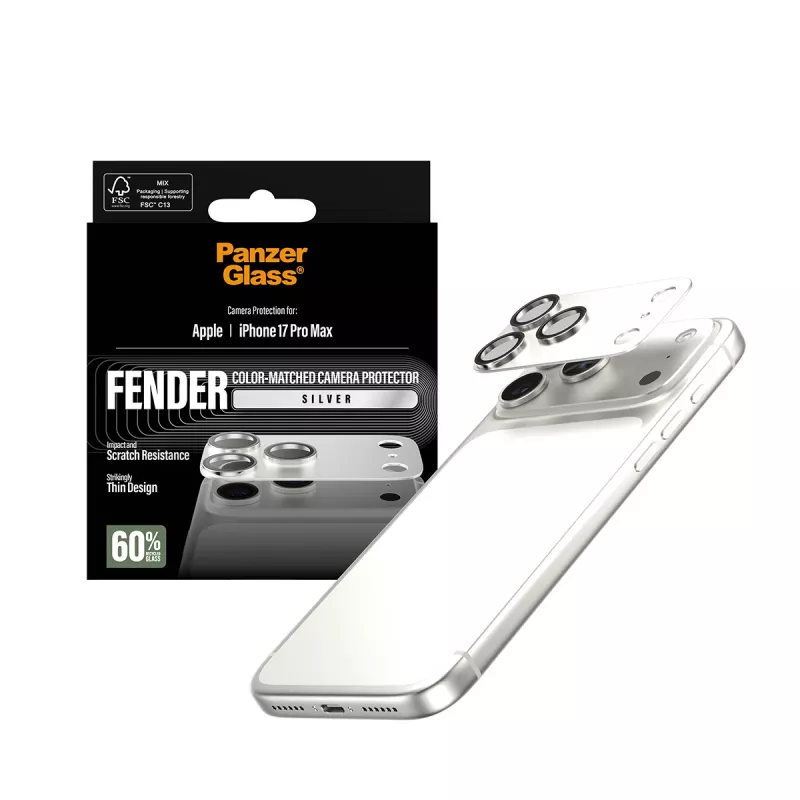PanzerGlass Fender Camera Protector do iPhone 17 Pro Max — Silikon, Srebrny, Odporny na Zarysowania i Wstrząsy