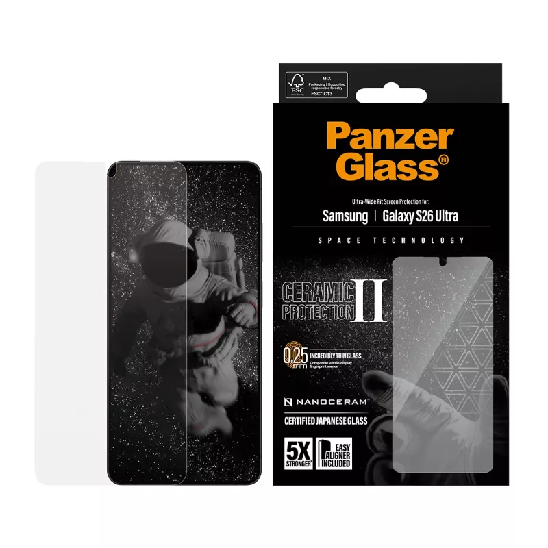 Folia ochronna PanzerGlass Ceramic do Samsung Galaxy S26 Ultra — szkło hartowane, Ultra-Wide Fit, EasyAligner, przezroczysta