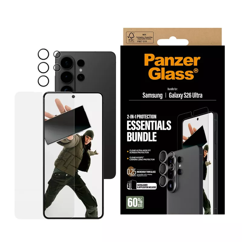 Zestaw ochronny na ekran PanzerGlass Hoops 2-w-1 do Samsung Galaxy S26 Ultra — szkło hartowane + PET, przezroczysty, ultra-szerokie dopasowanie