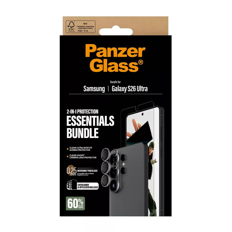 Zestaw ochronny na ekran PanzerGlass Hoops 2-w-1 do Samsung Galaxy S26 Ultra — szkło hartowane + PET, przezroczysty, ultra-szerokie dopasowanie