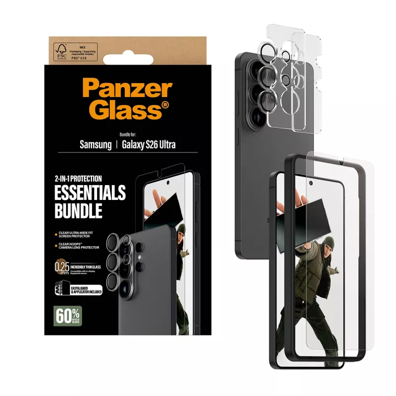 Zestaw ochronny na ekran PanzerGlass Hoops 2-w-1 do Samsung Galaxy S26 Ultra — szkło hartowane + PET, przezroczysty, ultra-szerokie dopasowanie