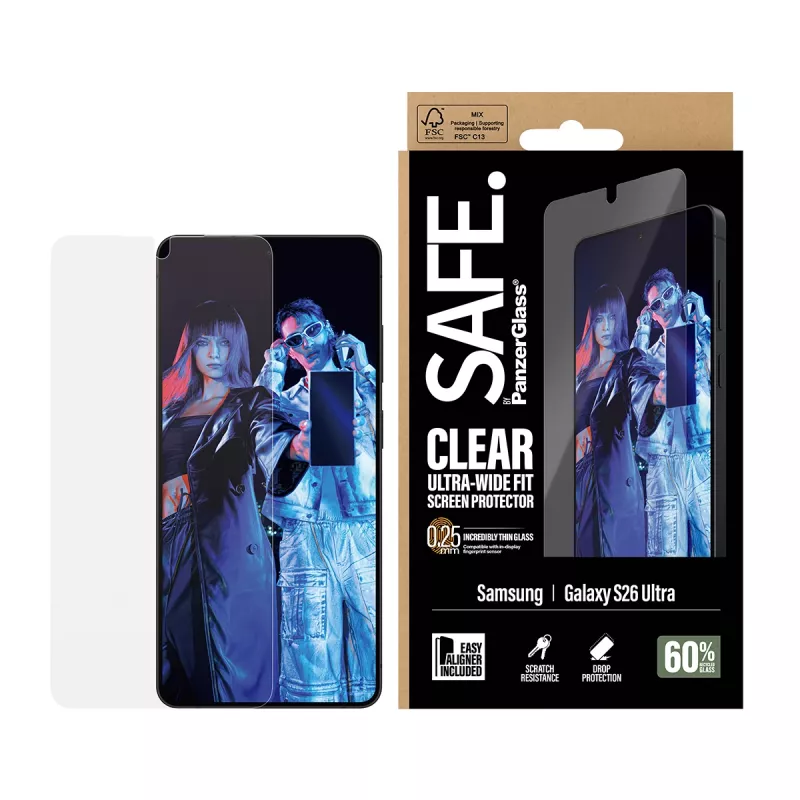 Folia ochronna PanzerGlass SAFE by do Samsung New Galaxy S 2026 Ultra — Ultra‑Wide Fit, PET + silikon, EasyAligner, przezroczysta