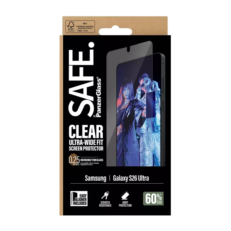 Folia ochronna PanzerGlass SAFE by do Samsung New Galaxy S 2026 Ultra — Ultra‑Wide Fit, PET + silikon, EasyAligner, przezroczysta