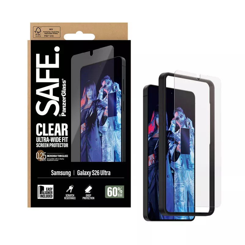 Folia ochronna PanzerGlass SAFE by do Samsung New Galaxy S 2026 Ultra — Ultra‑Wide Fit, PET + silikon, EasyAligner, przezroczysta