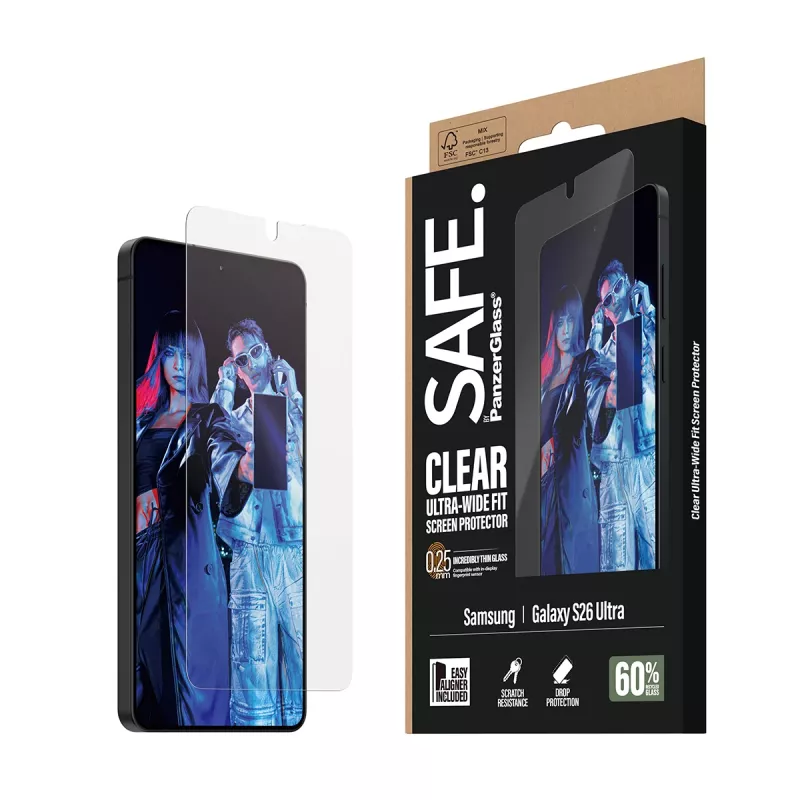 Folia ochronna PanzerGlass SAFE by do Samsung New Galaxy S 2026 Ultra — Ultra‑Wide Fit, PET + silikon, EasyAligner, przezroczysta