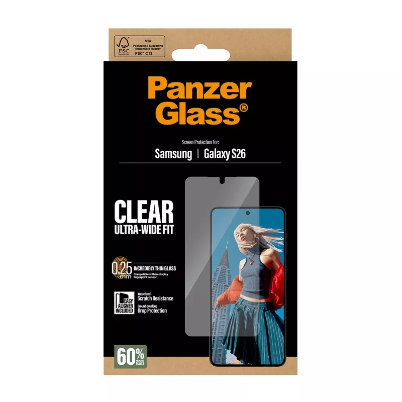 Przezroczysta folia ochronna PanzerGlass do Samsung Galaxy S26 – Ultra-Wide Fit, PET + silikon, sucha aplikacja