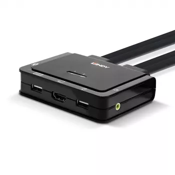 Lindy 2-portowy przełącznik KVM HDMI 4K60, USB 2.0 i Audio z kablami, 4096 x 2160 pikseli, 4K Ultra HD, montaż w szafie rack, czarny