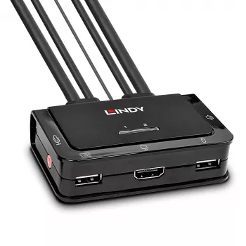 Lindy 2-portowy przełącznik KVM HDMI 4K60, USB 2.0 i Audio z kablami, 4096 x 2160 pikseli, 4K Ultra HD, montaż w szafie rack, czarny