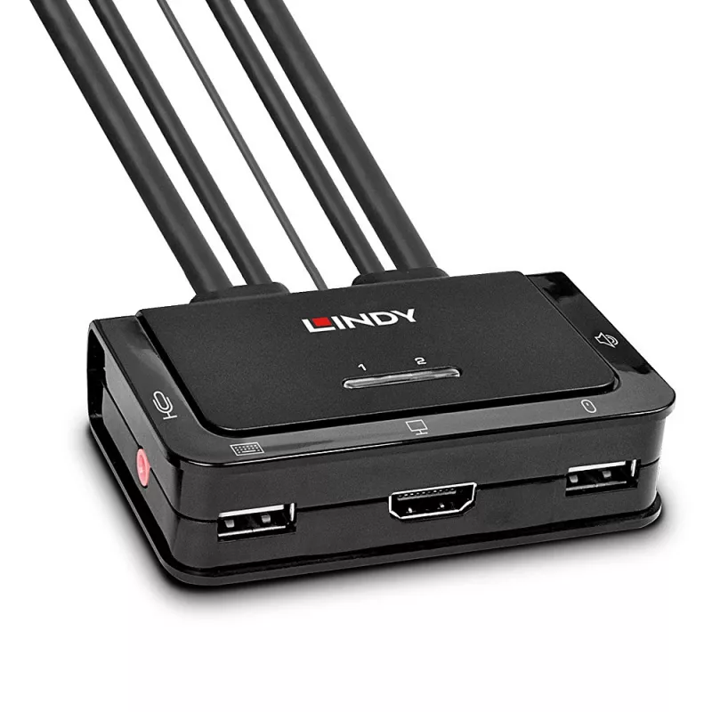Lindy 2-portowy przełącznik KVM HDMI 4K60, USB 2.0 i Audio z kablami, 4096 x 2160 pikseli, 4K Ultra HD, montaż w szafie rack, czarny