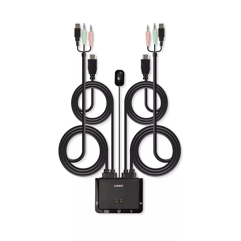 Lindy 2-portowy przełącznik KVM HDMI 4K60, USB 2.0 i Audio z kablami, 4096 x 2160 pikseli, 4K Ultra HD, montaż w szafie rack, czarny