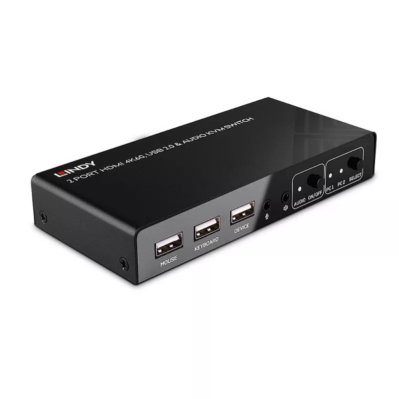 Lindy 2 Port HDMI 4K60, USB 2.0 i Audio KVM Switch, 4096 x 2160 pikseli, 4K Ultra HD, Czarny