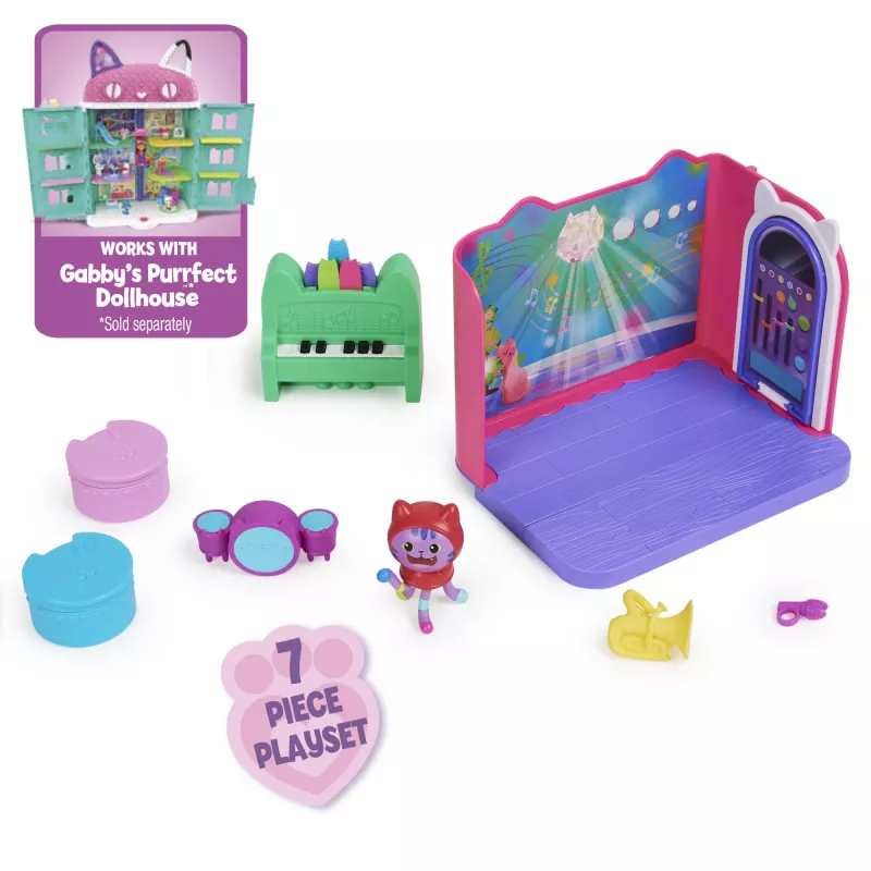 Gabby's Dollhouse, Groovy Music Room z figurką Daniela Jamesa Catnipa, 2 akcesoria, 2 meble i 2 przesyłki, zabawki dla dzieci od 3 lat