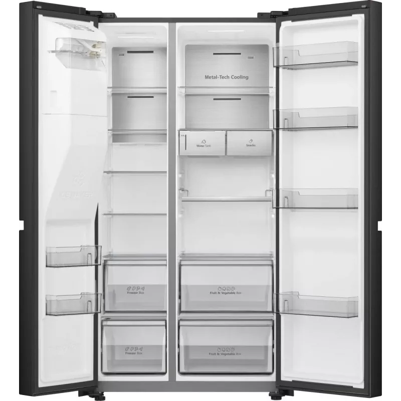 Hisense Side by Side Fridge RS818N4TFE, Freestanding, American Door, Czarny, Touch, LED, On-Door Display