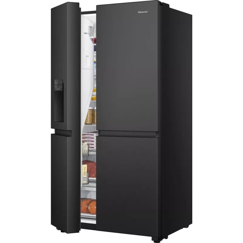Hisense Side by Side Fridge RS818N4TFE, Freestanding, American Door, Czarny, Touch, LED, On-Door Display