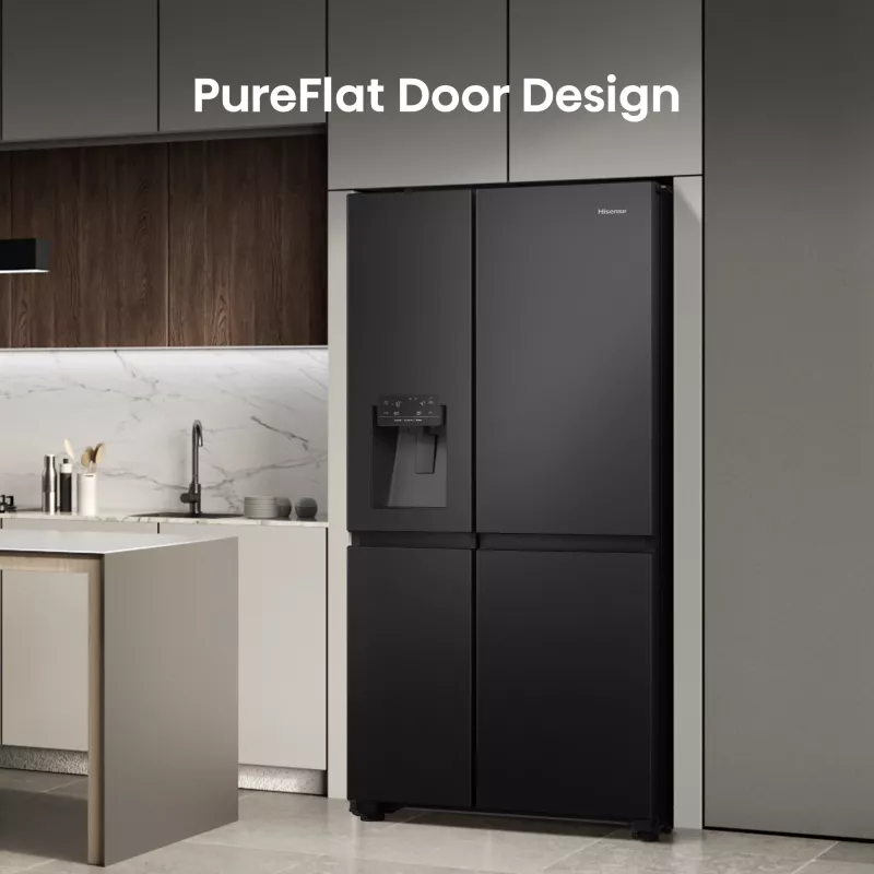 Hisense Side by Side Fridge RS818N4TFE, Freestanding, American Door, Czarny, Touch, LED, On-Door Display